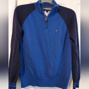 Tommy Hilfiger Mens M Quarter Zip Royal Navy Blue Pullover Sweater Leather Pull